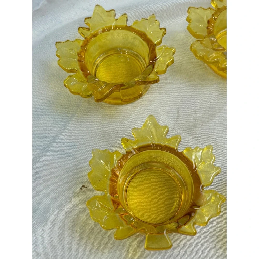 Amber Glass Maple Leaf Tea Light Candle Holders Set of 5 Yellow Fall Decor